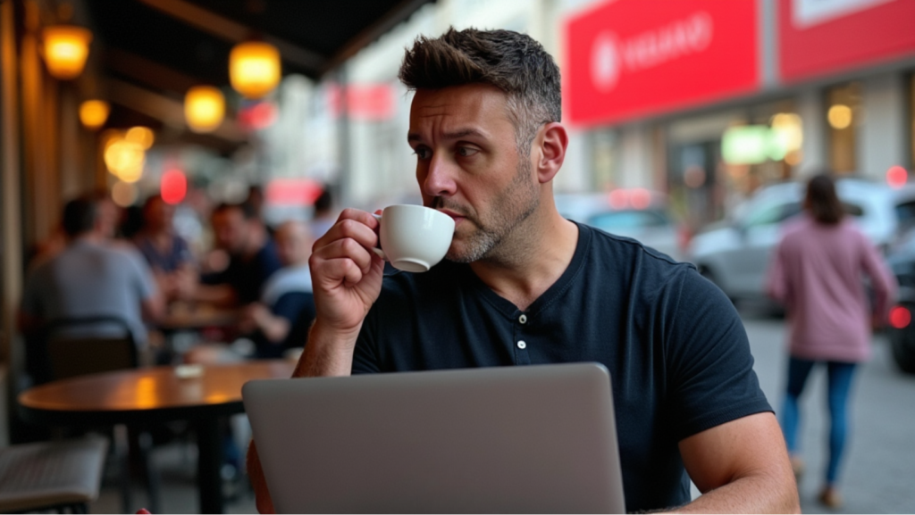 Alex Harris Drinking. Coffee At An OUtside Cafe While Working On His Laptop.