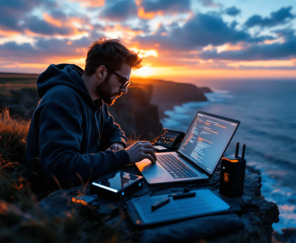 Person working on a laptop with code at sunset on a cliff, symbolizing digital innovation and remote work in the Isle of Man.