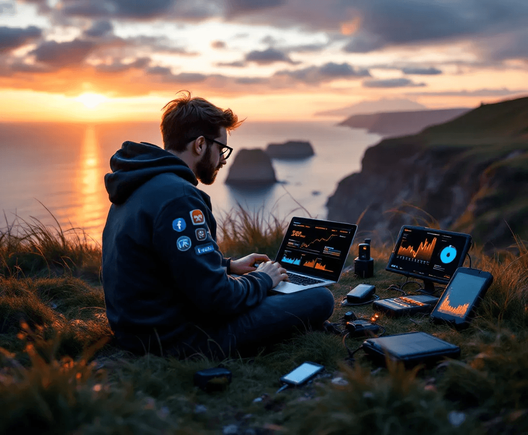 Individual analyzing data on multiple devices at sunset on a cliff, representing digital marketing and analytics in the Isle of Man.