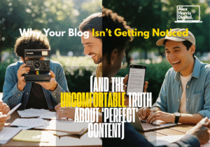 A hyperrealistic, cinematic, full-body candid photo of a diverse group of real people outdoors, all in the middle of creating blog content together. You see one person laughing as they type on a slightly battered laptop, another snapping a photo of messy handwritten notes, and a third showing off a phone screen with a rough draft. Warm, natural sunlight casts soft, imperfect shadows—no filters, no airbrushing, just real skin texture and a bit of chaos. The scene feels like a behind-the-scenes moment from a modern film, capturing the messy, authentic energy of blogging that actually gets noticed.
