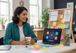 Creative UK or Isle of Man business owner smiling at a desk, using AI tools on a laptop to personalise customer experiences, with digital icons and local elements in the background, 2025